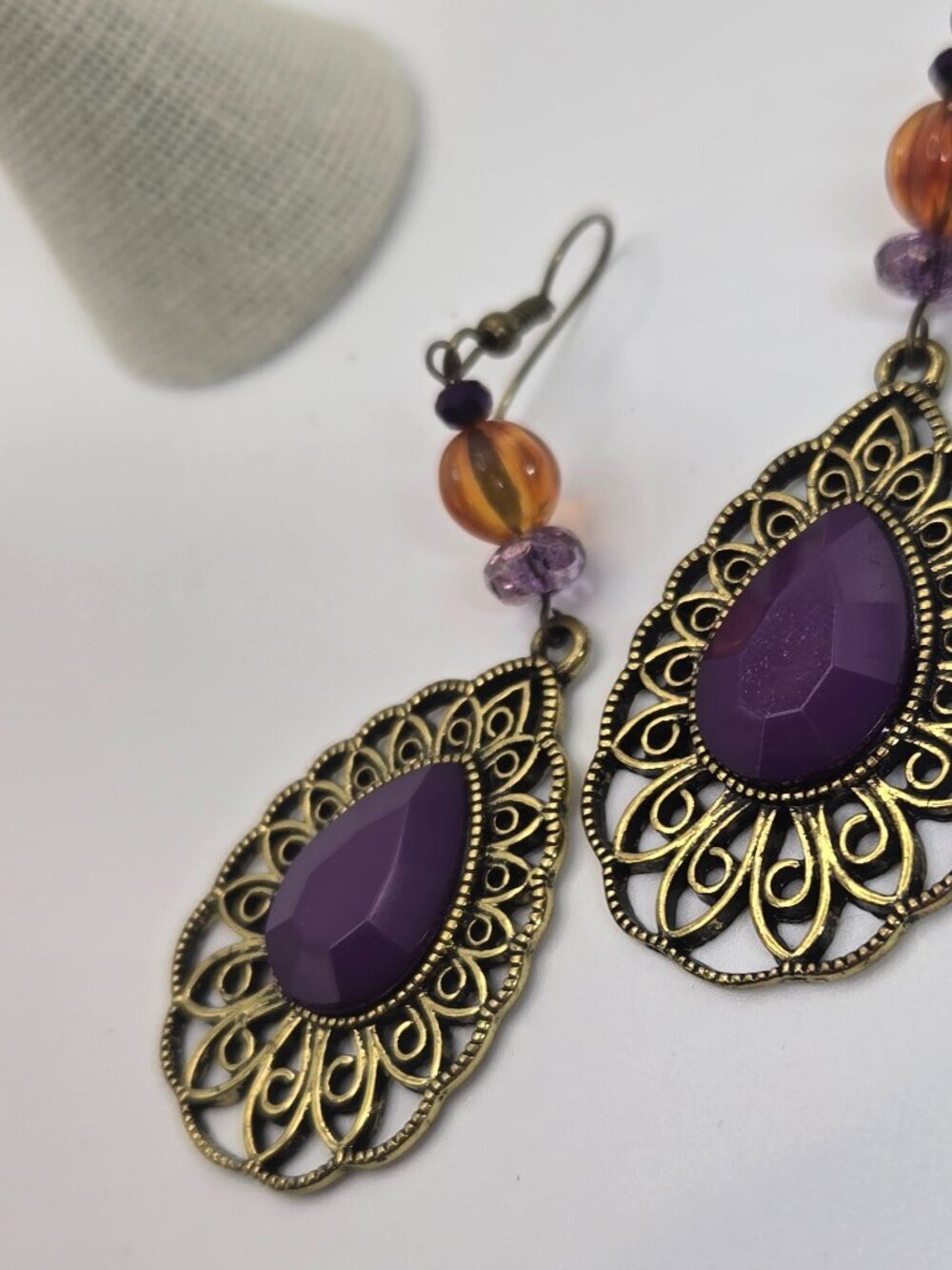 Purple Dangle Earrings Handmade With Bronze Tone Accent & Orange Beads Item E38 - Picture 4 of 5